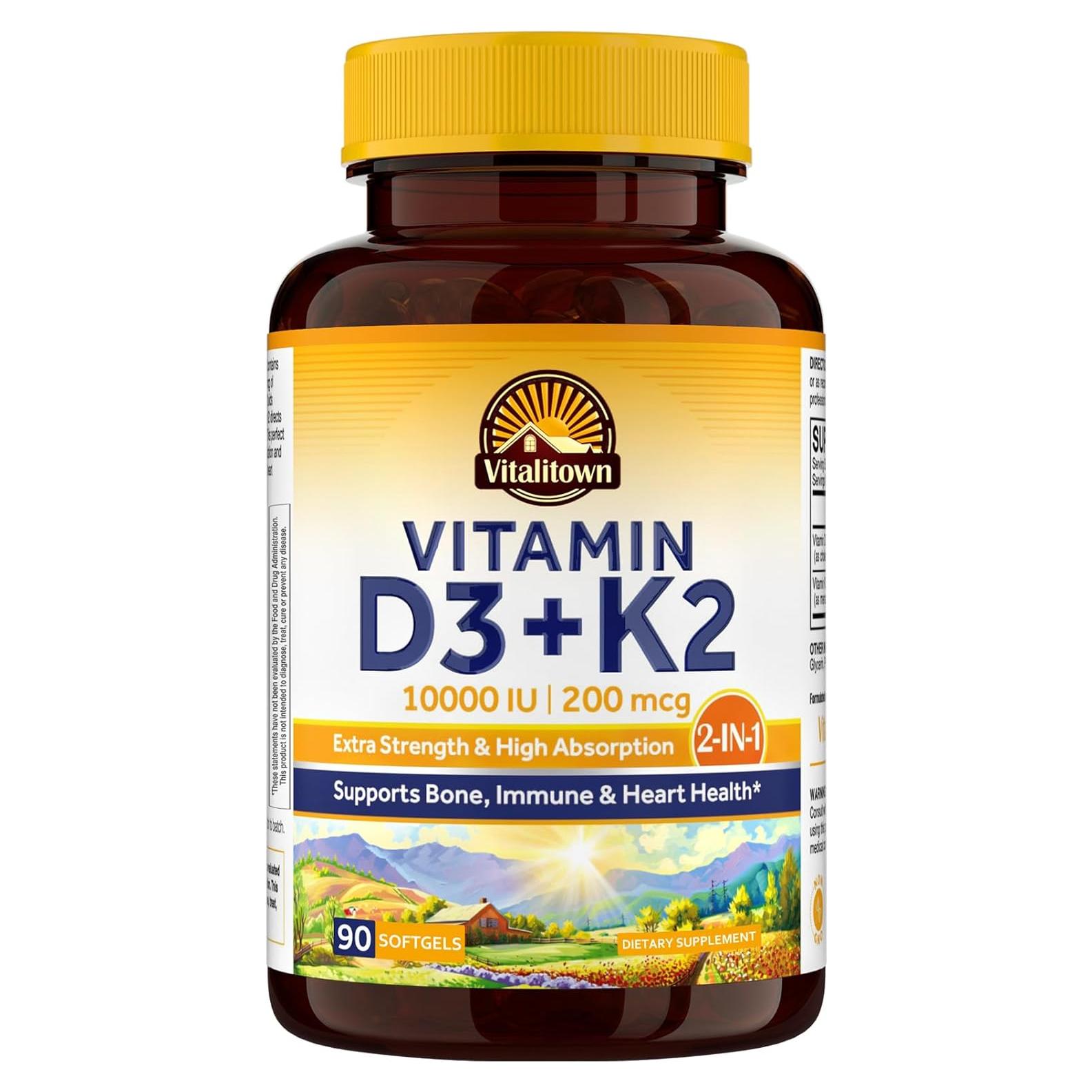 Suplemento Vitamina D3 10000 UI + K2 200 mcg Vitalitown 90 Gelatinas