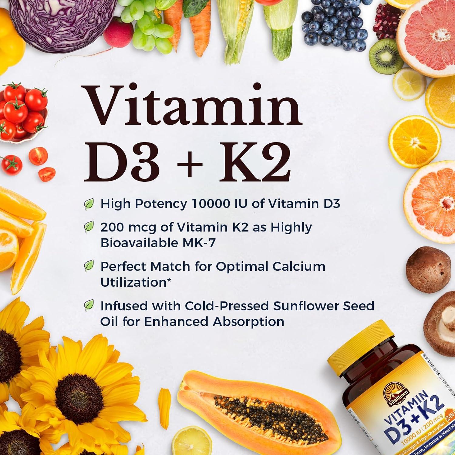 Suplemento Vitamina D3 10000 UI + K2 200 mcg Vitalitown 90 Gelatinas