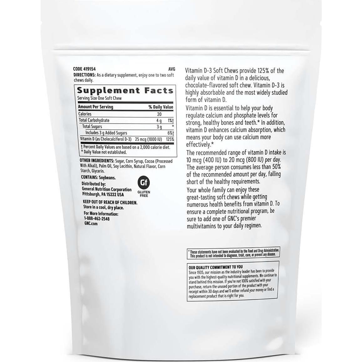 Caramelos Blandos GNC Vitamina D-3 1000 UI Chocolate 60 Unidades