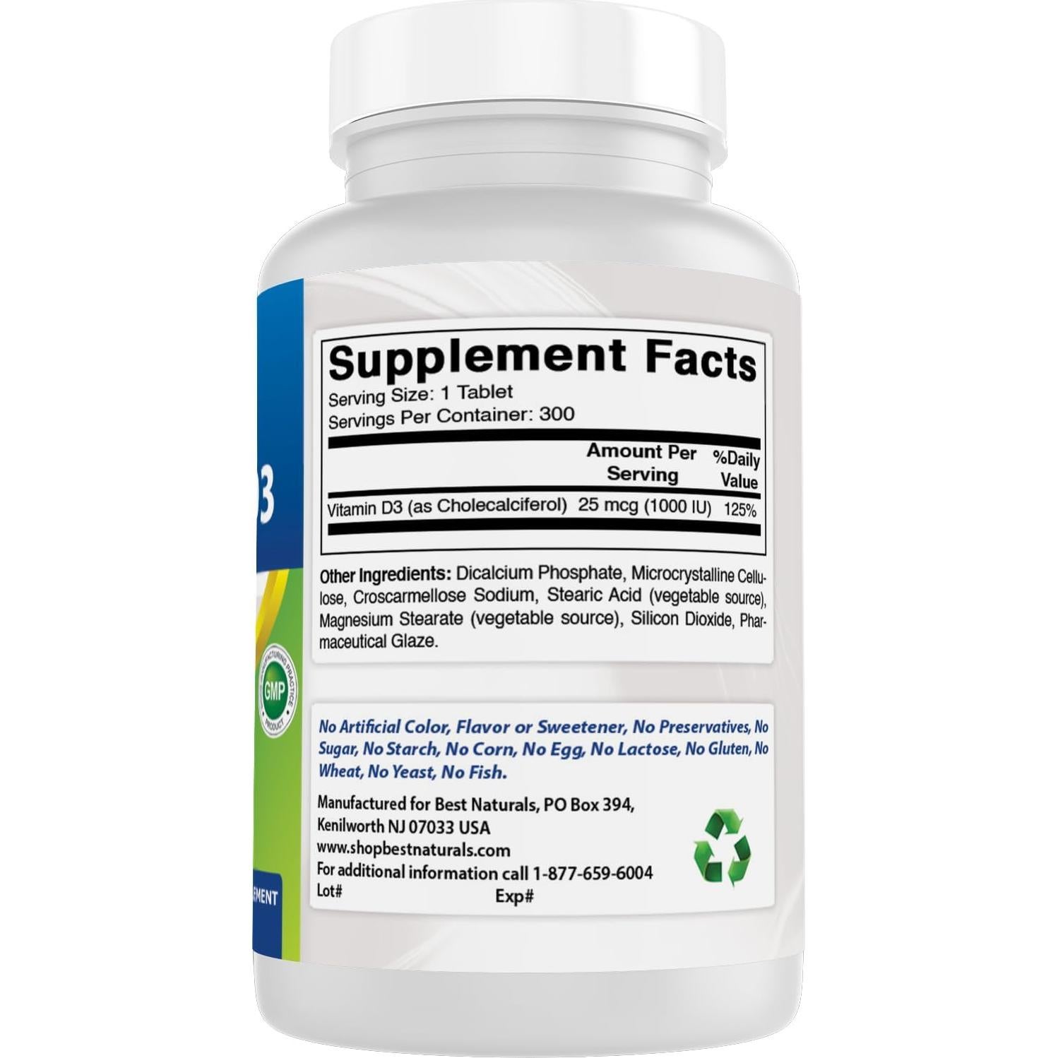 Vitamina D3 Mejores Naturales 300 Tabletas 1000 UI Suplemento