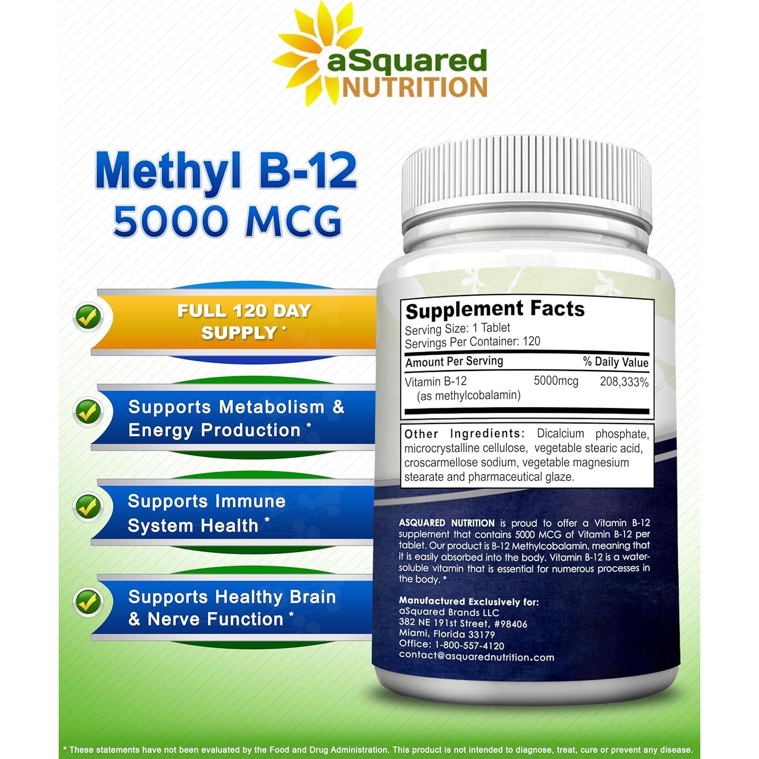 Suplemento de Vitamina B12 5000mcg aSquared Nutrition - 120 Tabletas