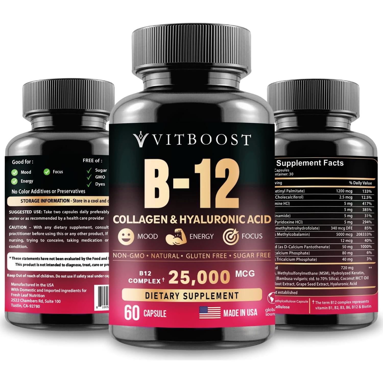 Suplemento B12 Metilcobalamina 25000 mcg + Colágeno y Ácido Hialurónico - 60 Cápsulas