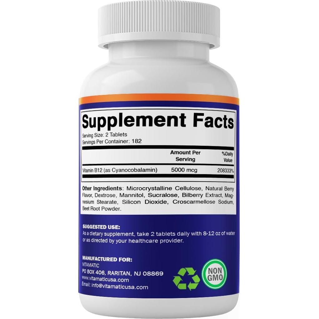 Vitamatic Vitamina B12 5000 mcg - 365 Tabletas Sabor Berry