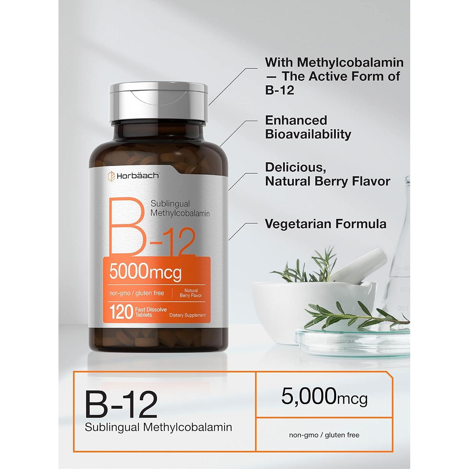 Suplemento de Vitamina B12 Horbaach 5000 mcg 120 Tabletas Sublinguales