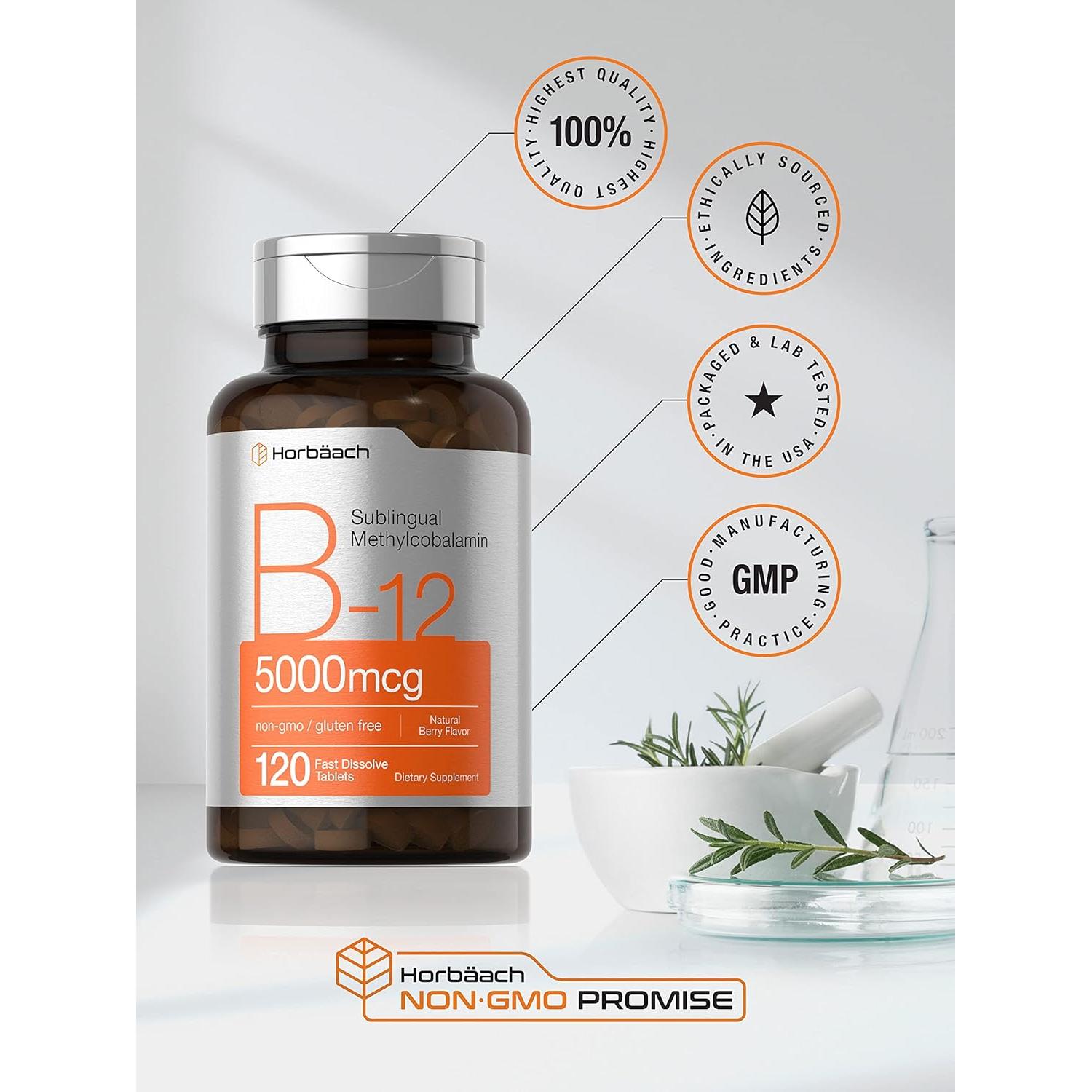 Suplemento de Vitamina B12 Horbaach 5000 mcg 120 Tabletas Sublinguales