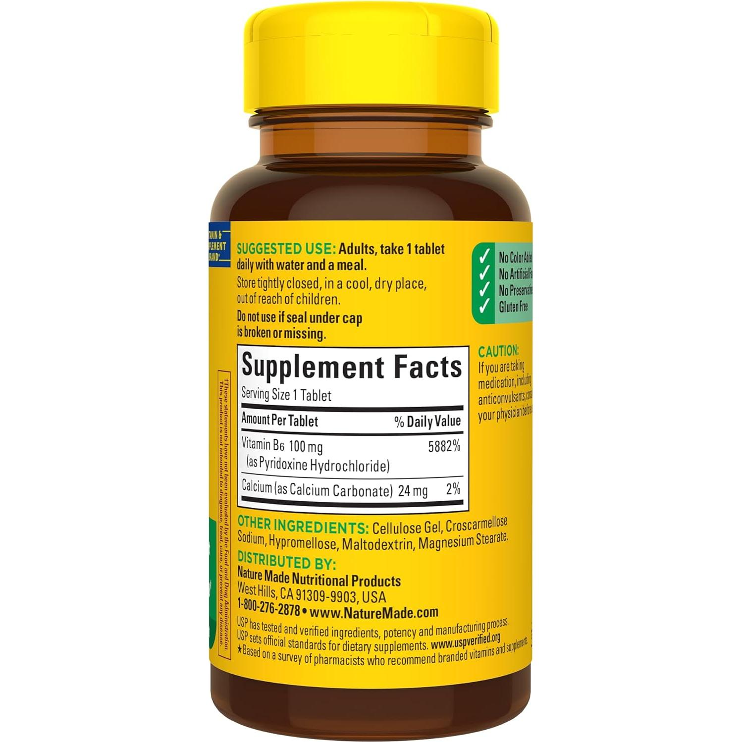 Vitamina B6 Nature Made 100 mg 100 Tabletas Sin Sabor