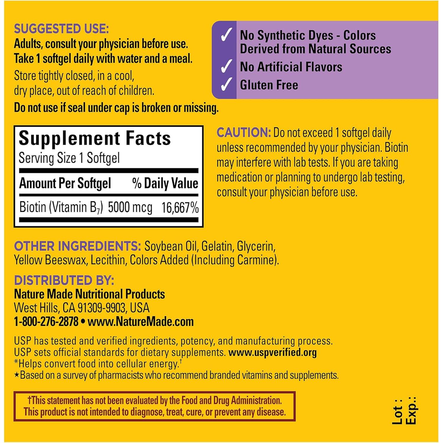 Biotina 5000 mcg Nature Made 120 Gelatinas Blandas Salud Cabello Piel Uñas