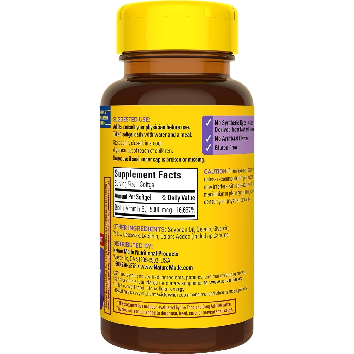 Biotina 5000 mcg Nature Made 120 Gelatinas Blandas Salud Cabello Piel Uñas