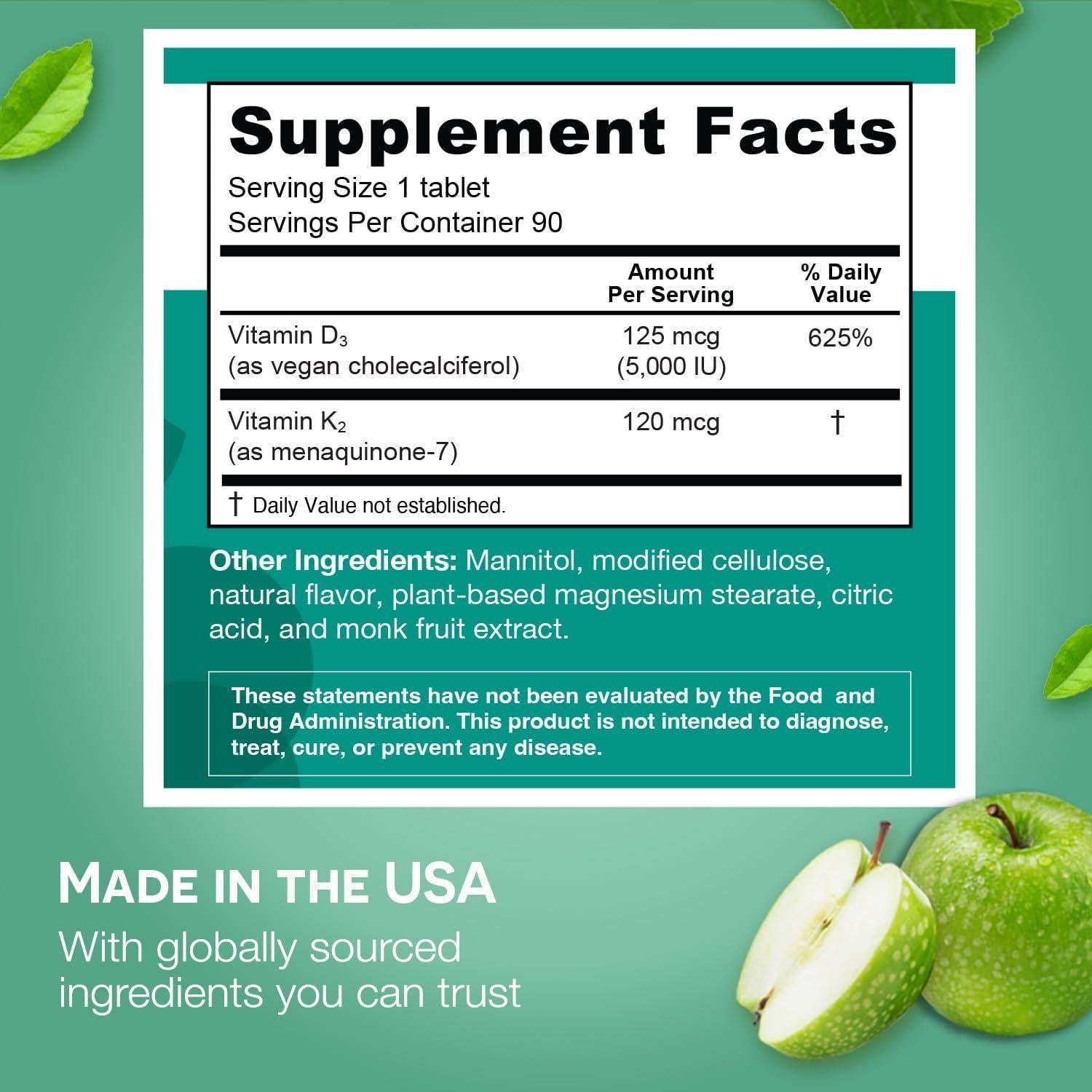 EZ Melts Vitaminas D3 K2 5000 UI Sin Azúcar 90 Tabletas