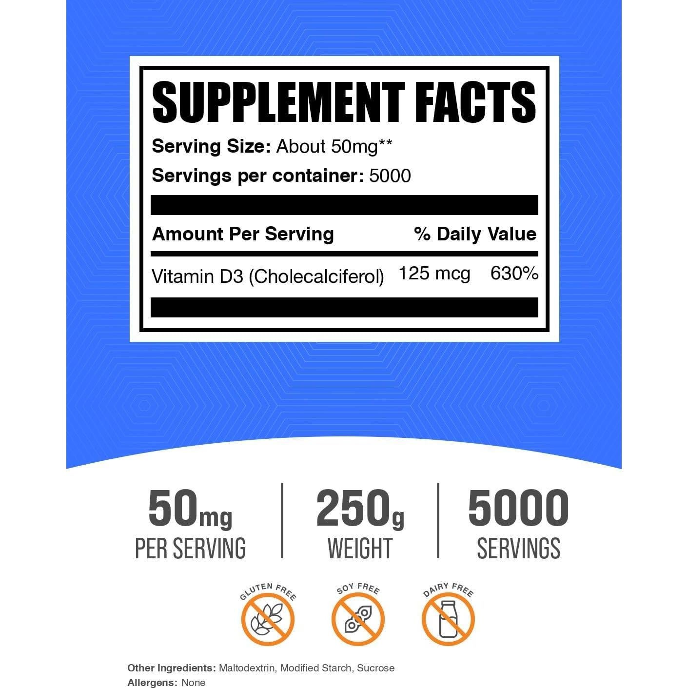 Polvo de Vitamina D3 BulkSupplements 5000 UI 250g Sin Gluten