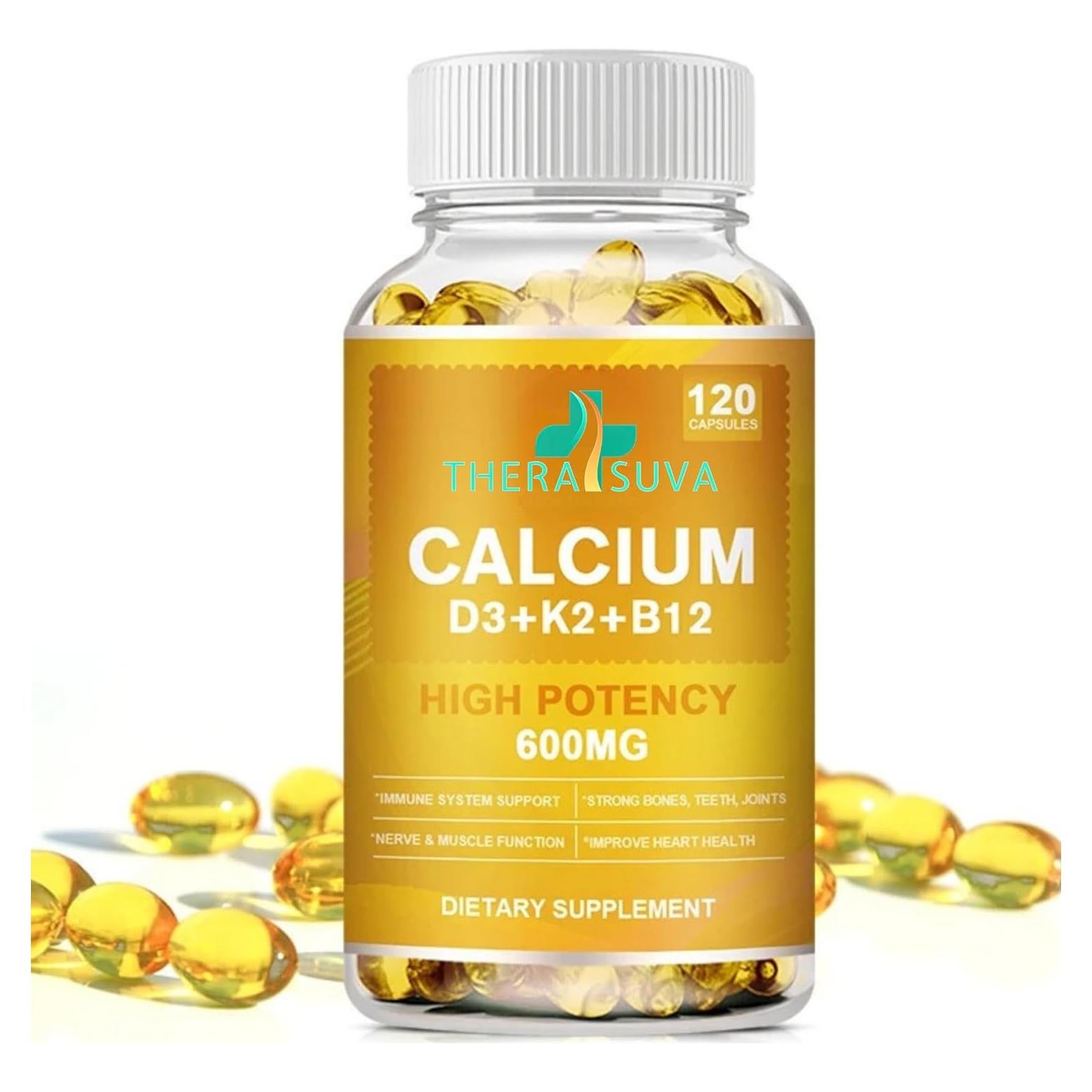 Suplemento de Calcio 600mg + Vitamina D3 5000iu + K2 + B12 TheraSuva, 120 Gelatinas Blandas