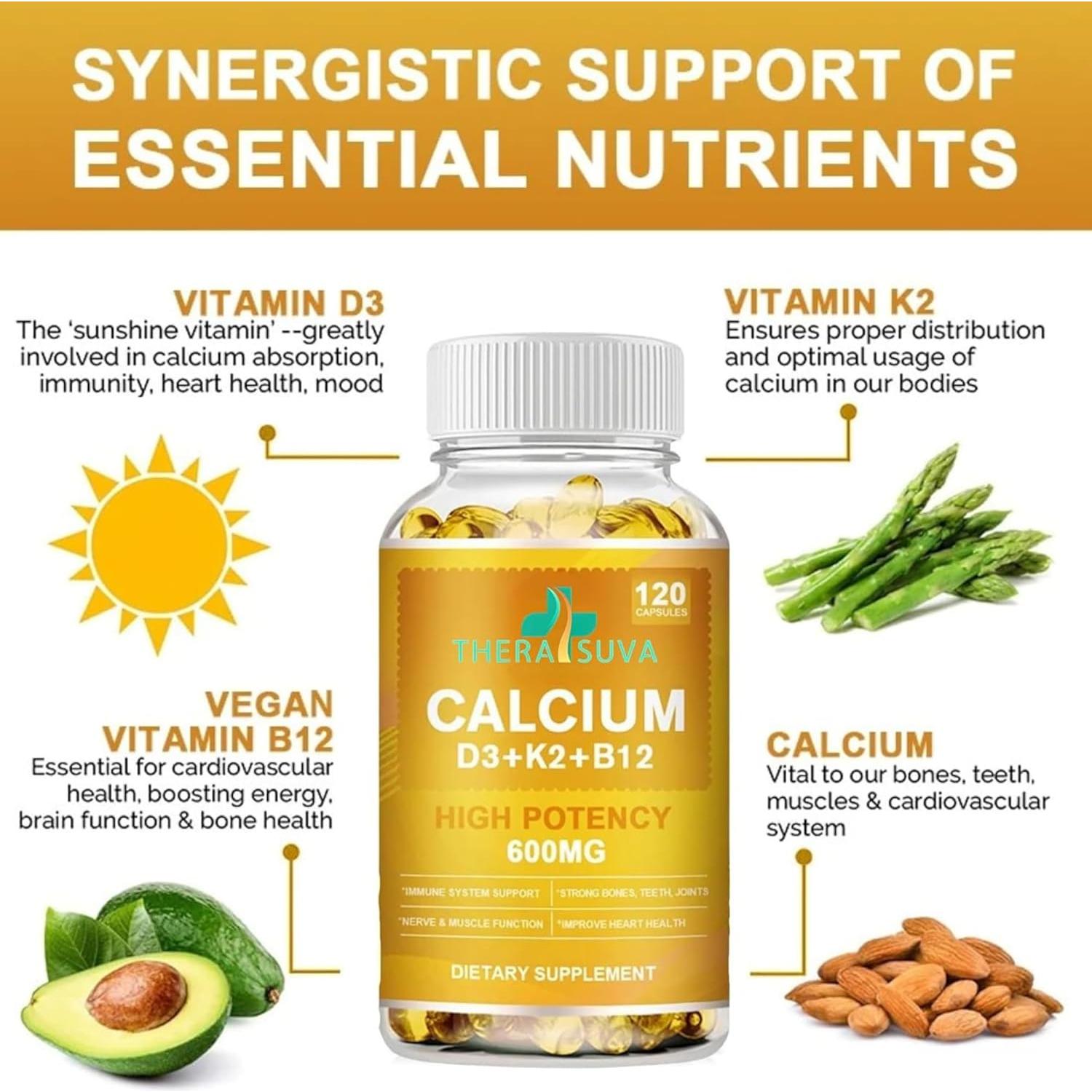 Suplemento de Calcio 600mg + Vitamina D3 5000iu + K2 + B12 TheraSuva, 120 Gelatinas Blandas