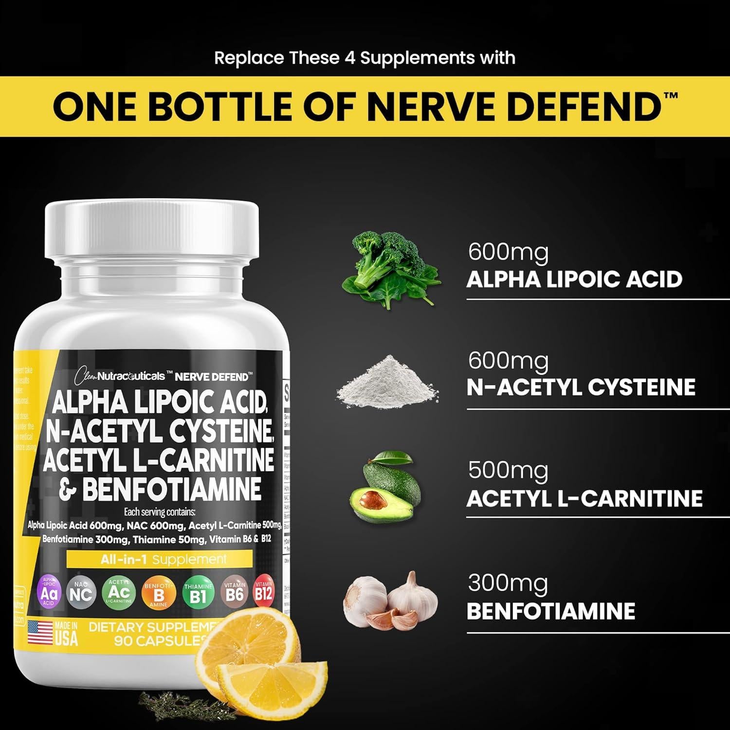 Suplemento Nerve Defend Clean Nutra 90 Cápsulas 600mg ALA