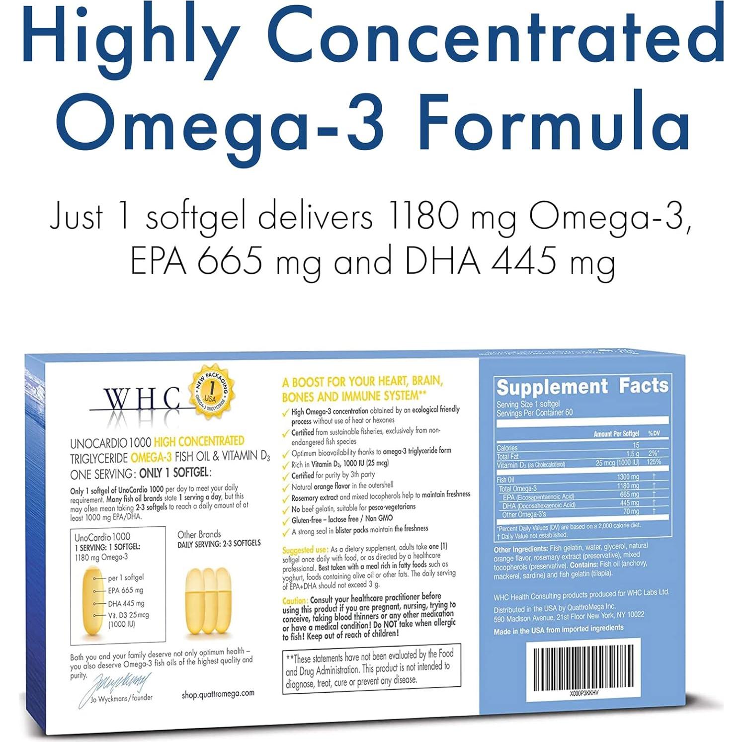 WHC UnoCardio 1000 Aceite de Pescado 1300 mg Omega-3 60 Cápsulas