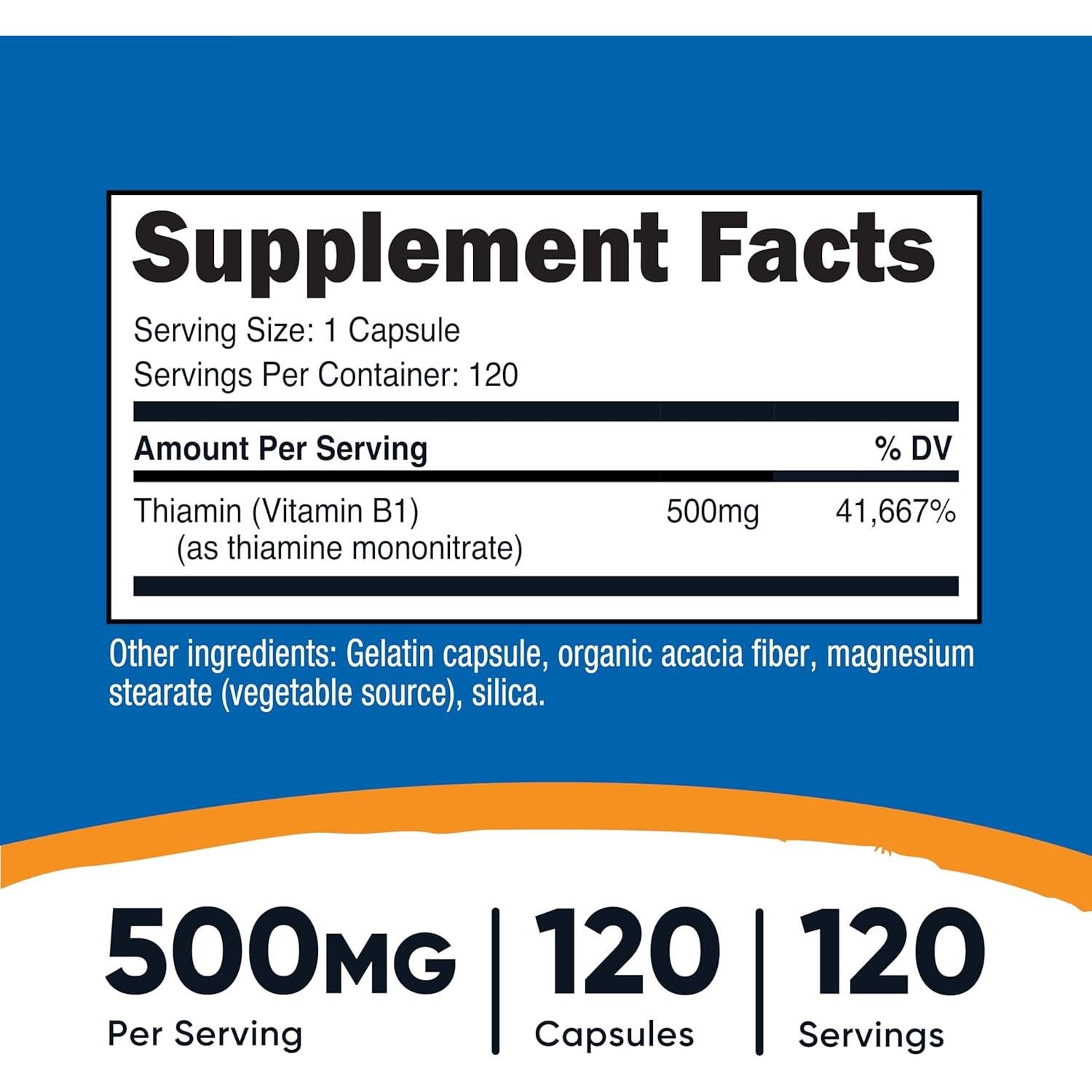 Vitamina B1 (Tiamina) 500mg Nutricost - 120 Cápsulas