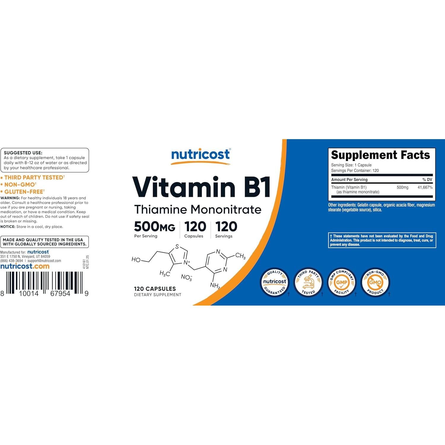Vitamina B1 (Tiamina) 500mg Nutricost - 120 Cápsulas