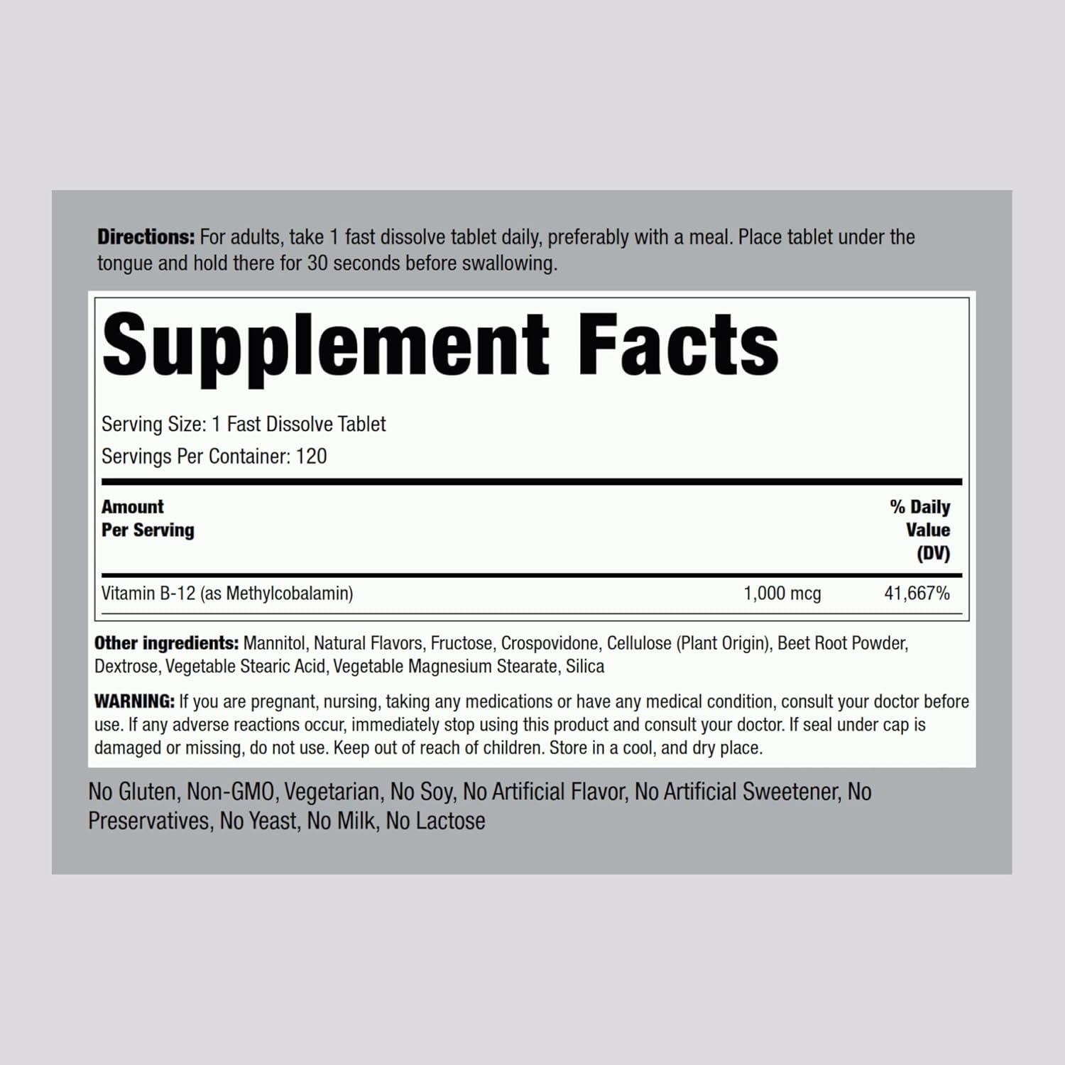 Vitamina B-12 Sublingual Piping Rock 1000 mcg 120 Tabletas Sabor Baya