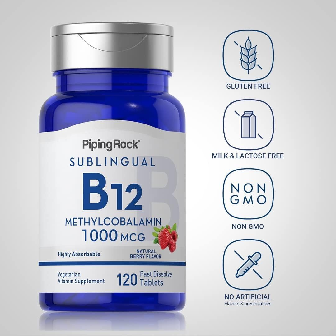 Vitamina B-12 Sublingual Piping Rock 1000 mcg 120 Tabletas Sabor Baya