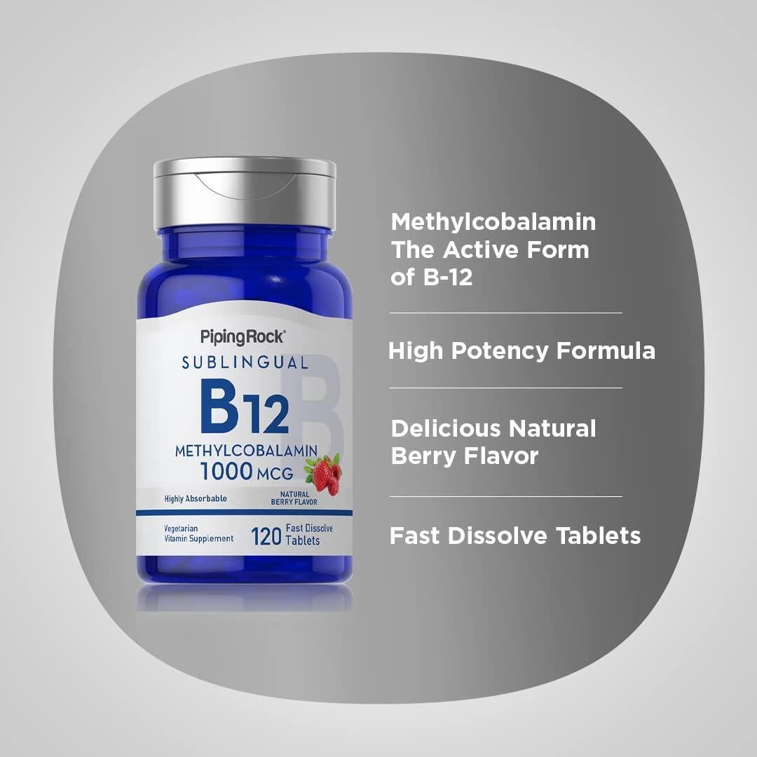 Vitamina B-12 Sublingual Piping Rock 1000 mcg 120 Tabletas Sabor Baya