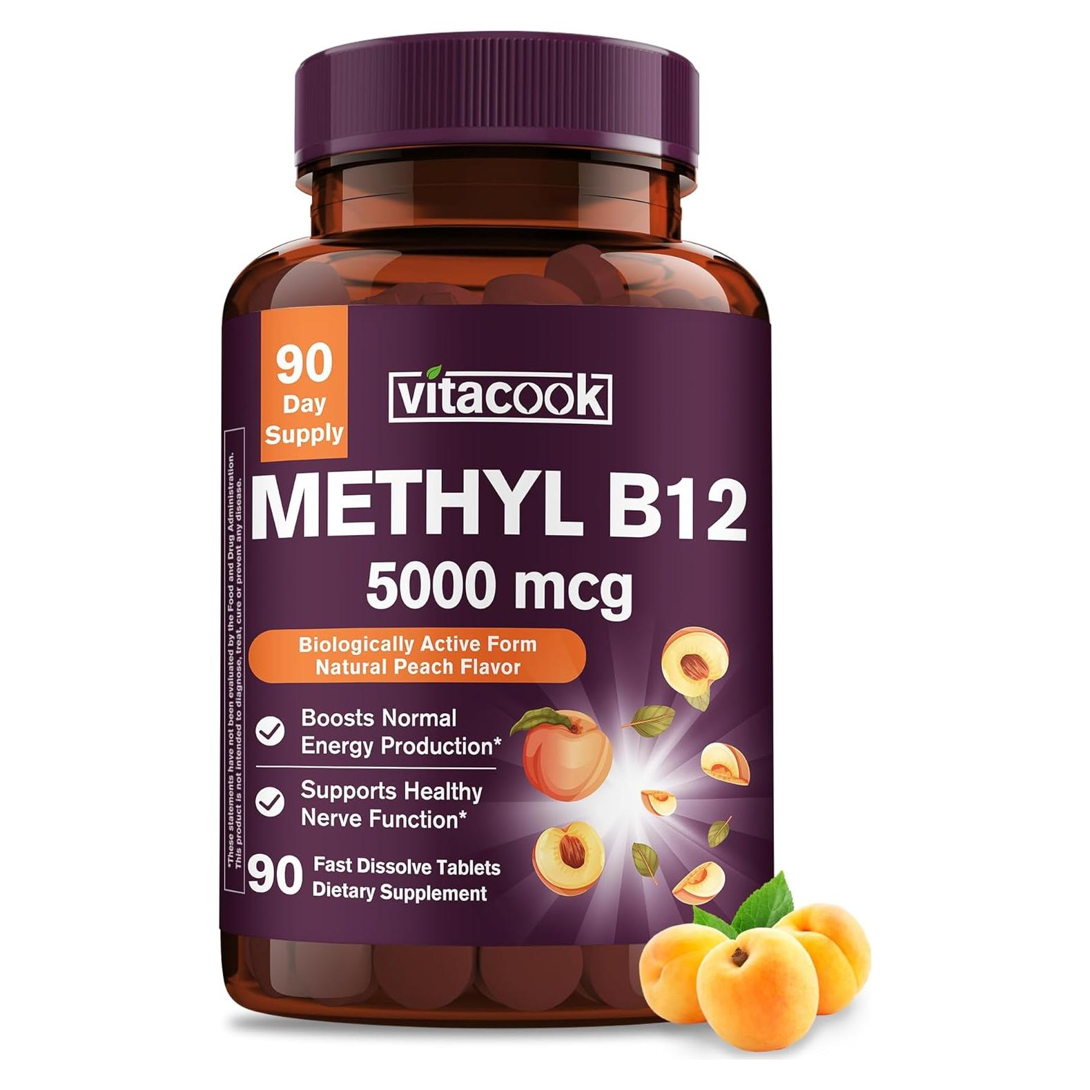Vitamina B12 Metilcobalamina 5000mcg Vegana Sabor Durazno 90 Tabletas