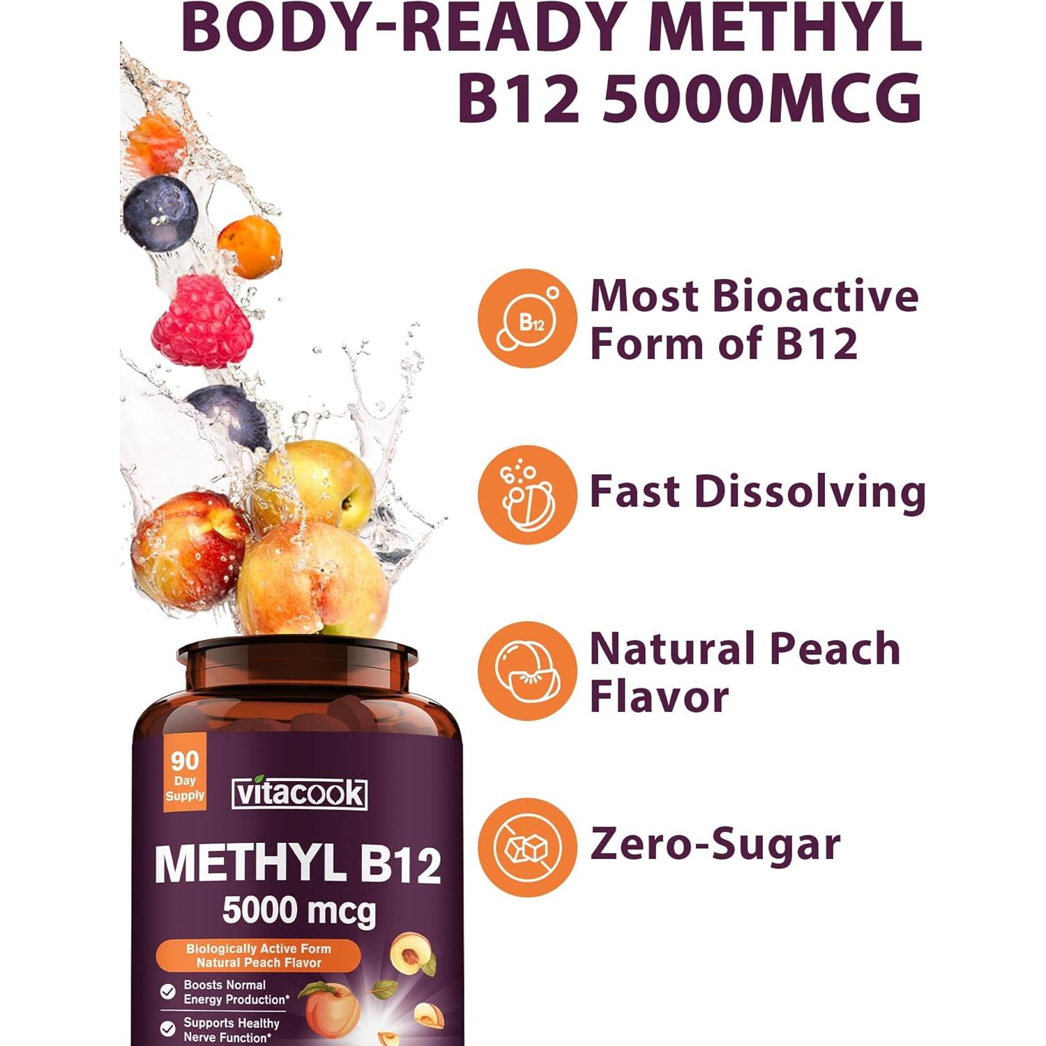 Vitamina B12 Metilcobalamina 5000mcg Vegana Sabor Durazno 90 Tabletas