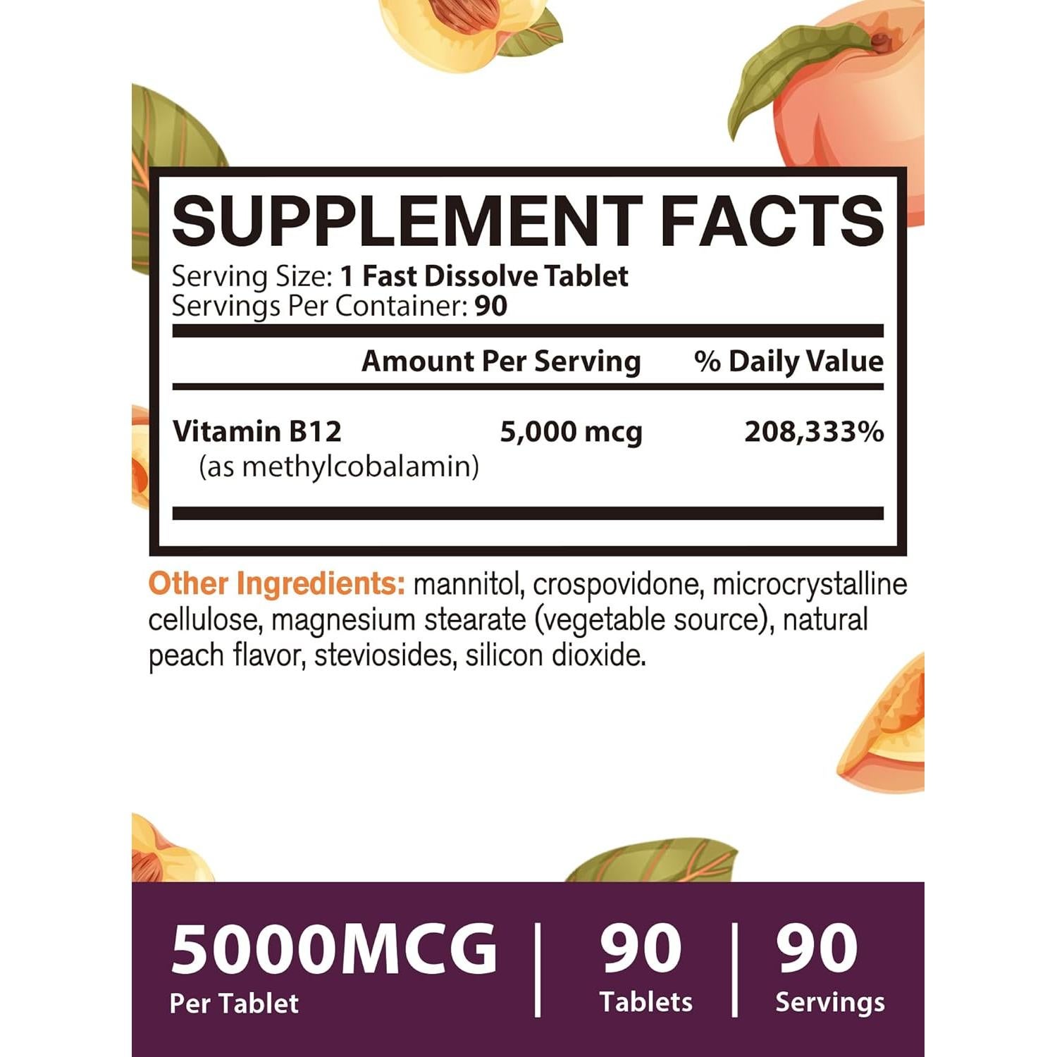 Vitamina B12 Metilcobalamina 5000mcg Vegana Sabor Durazno 90 Tabletas