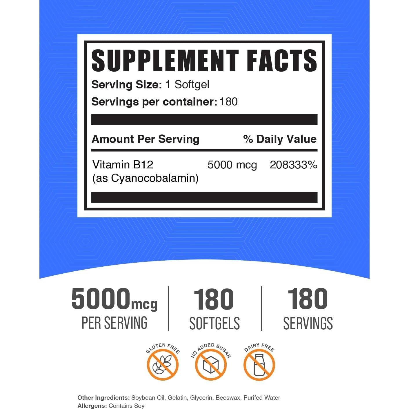 BulkSupplements Vitamina B12 5000 mcg Softgels 180 Unidades