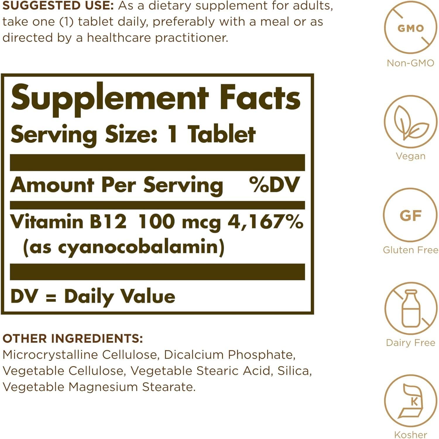 Vitamina B12 Solgar 100 mcg - 100 Tabletas Veganas y Sin Gluten