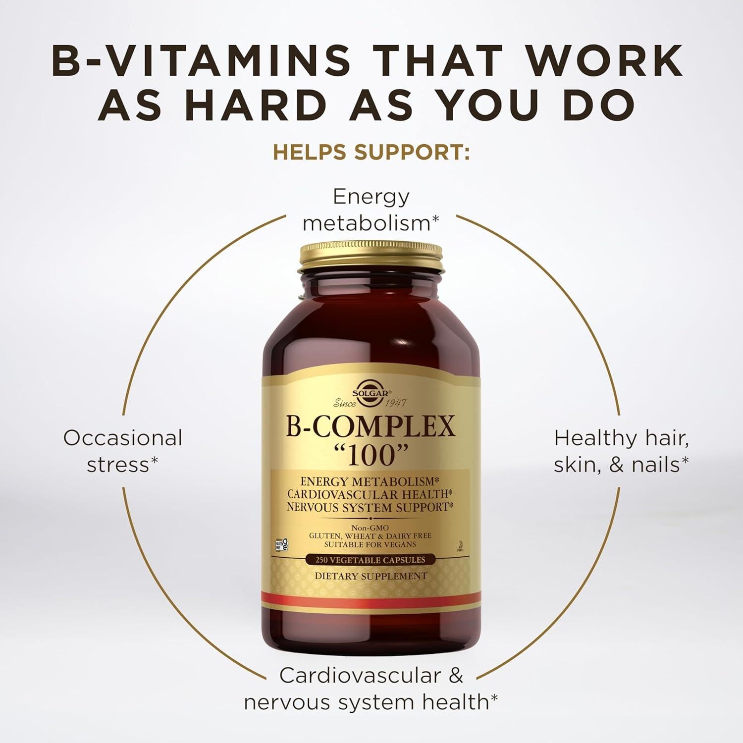 Solgar B-Complejo 100 - 250 Cápsulas Vegetales - Salud Cardiovascular y Nerviosa