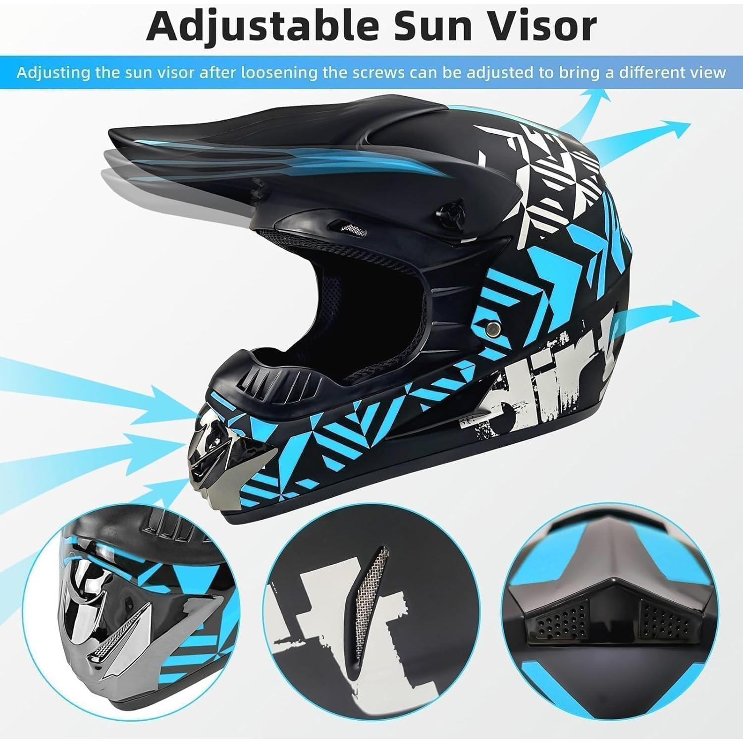 SPARK DOT Motocross Dirt Bike Helmets Full Face Motorcycle Off-Road Mountain E-Bike BMX MX ATV Helmet (with Gloves Goggles Mask) 4Pcs Set