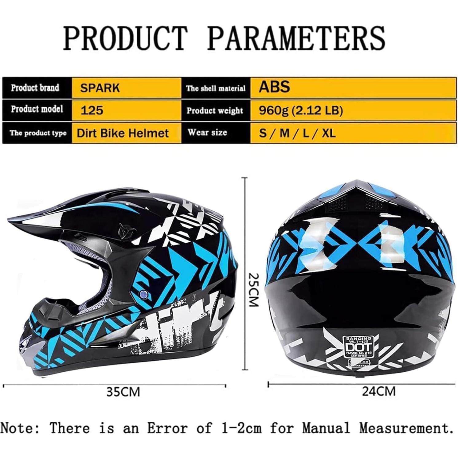 SPARK DOT Motocross Dirt Bike Helmets Full Face Motorcycle Off-Road Mountain E-Bike BMX MX ATV Helmet (with Gloves Goggles Mask) 4Pcs Set