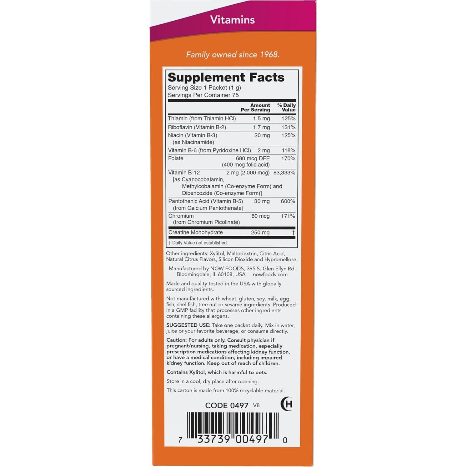 Suplemento Energía Instantánea B-12 NOW Foods 2000 mcg 75 Paquetes