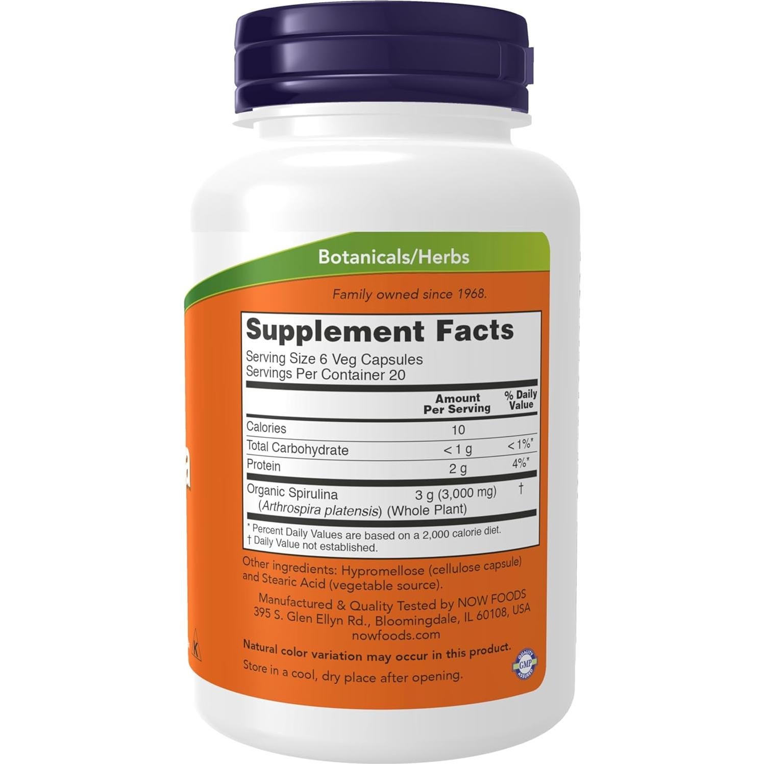 Suplemento Espirulina NOW Foods 500 mg 120 Cápsulas Veganas