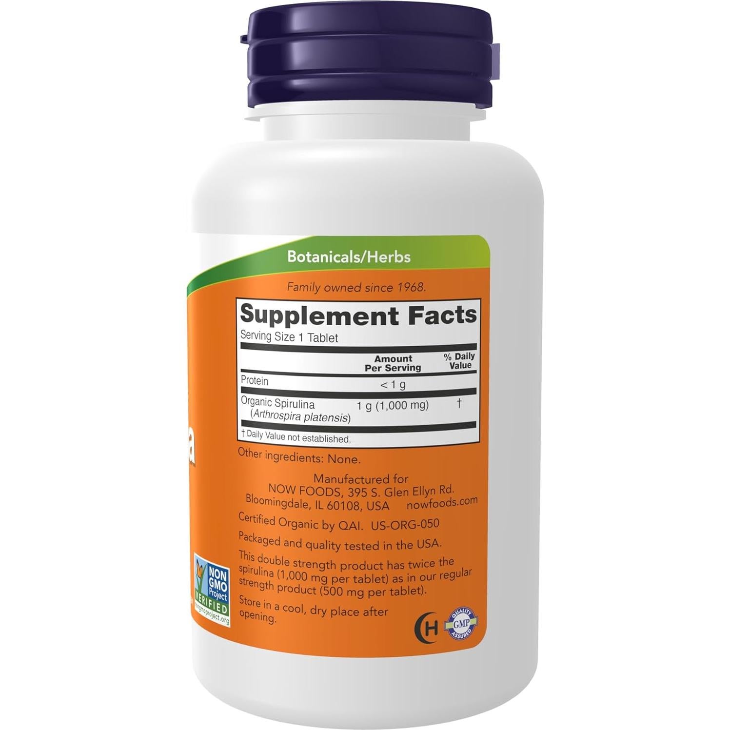 Suplemento de Espirulina Orgánica NOW 1000 mg - 120 Tabletas