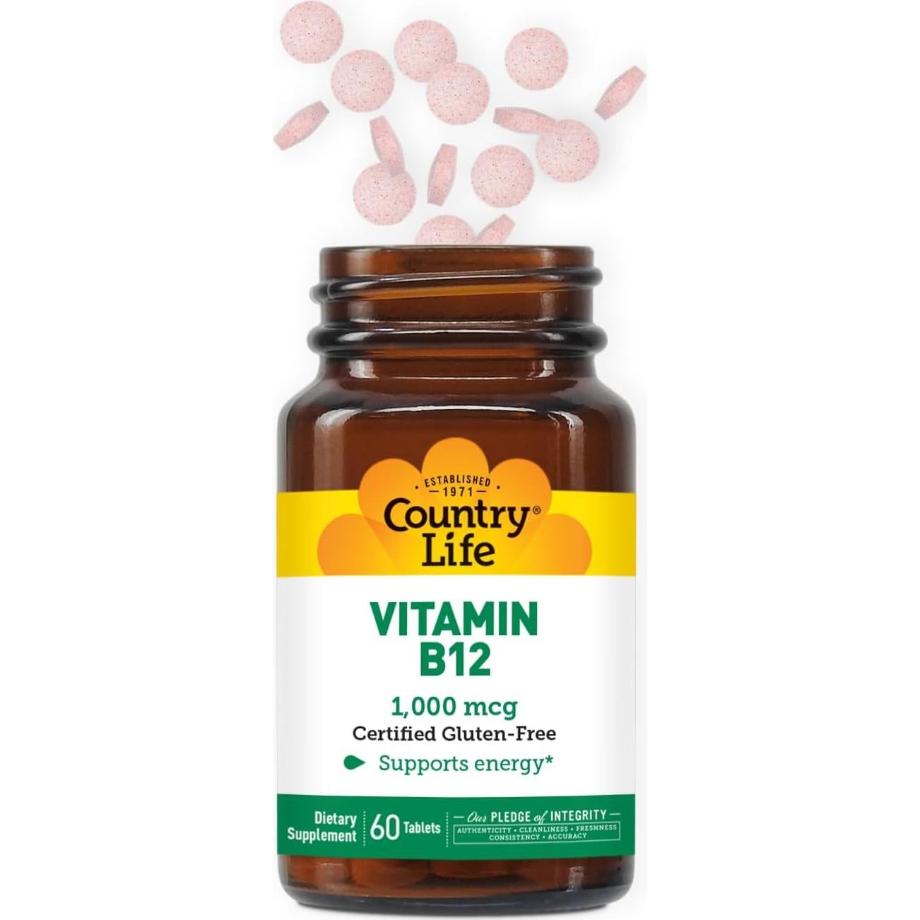 Suplemento Vitamina B12 Country Life 1000 mcg Vegano 60 Tabletas
