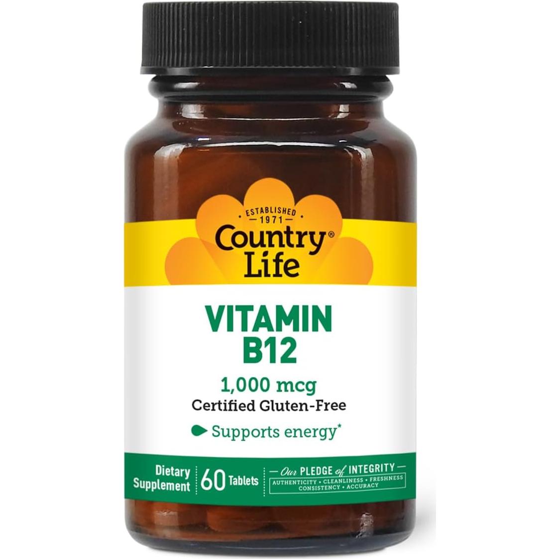 Suplemento Vitamina B12 Country Life 1000 mcg Vegano 60 Tabletas