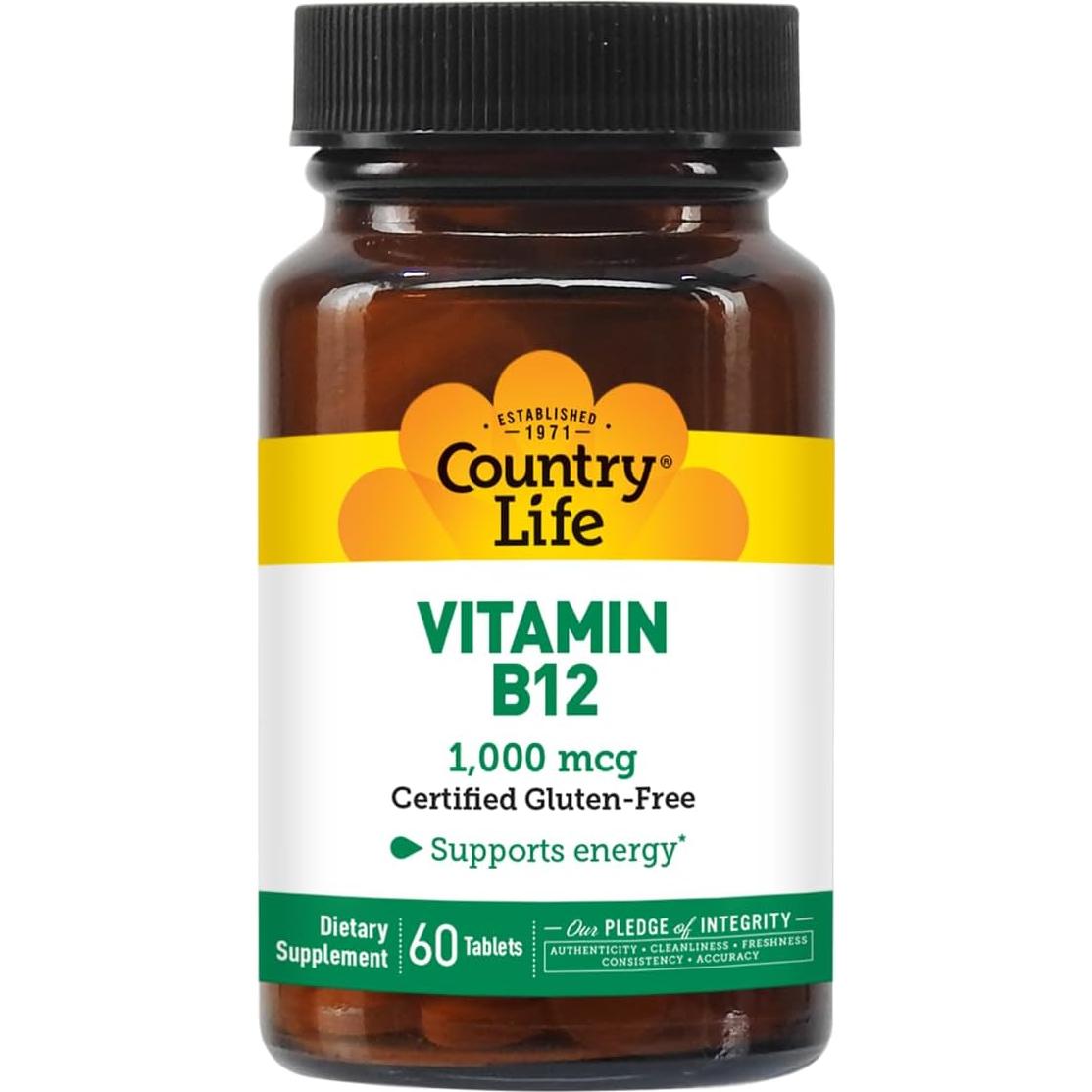 Suplemento Vitamina B12 Country Life 1000 mcg Vegano 60 Tabletas
