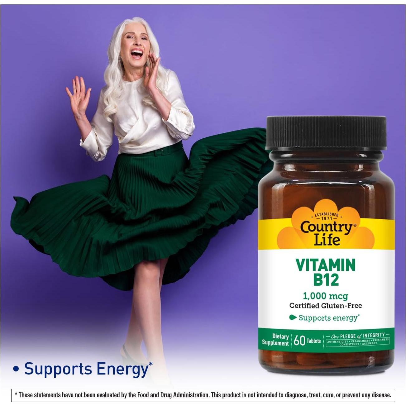 Suplemento Vitamina B12 Country Life 1000 mcg Vegano 60 Tabletas