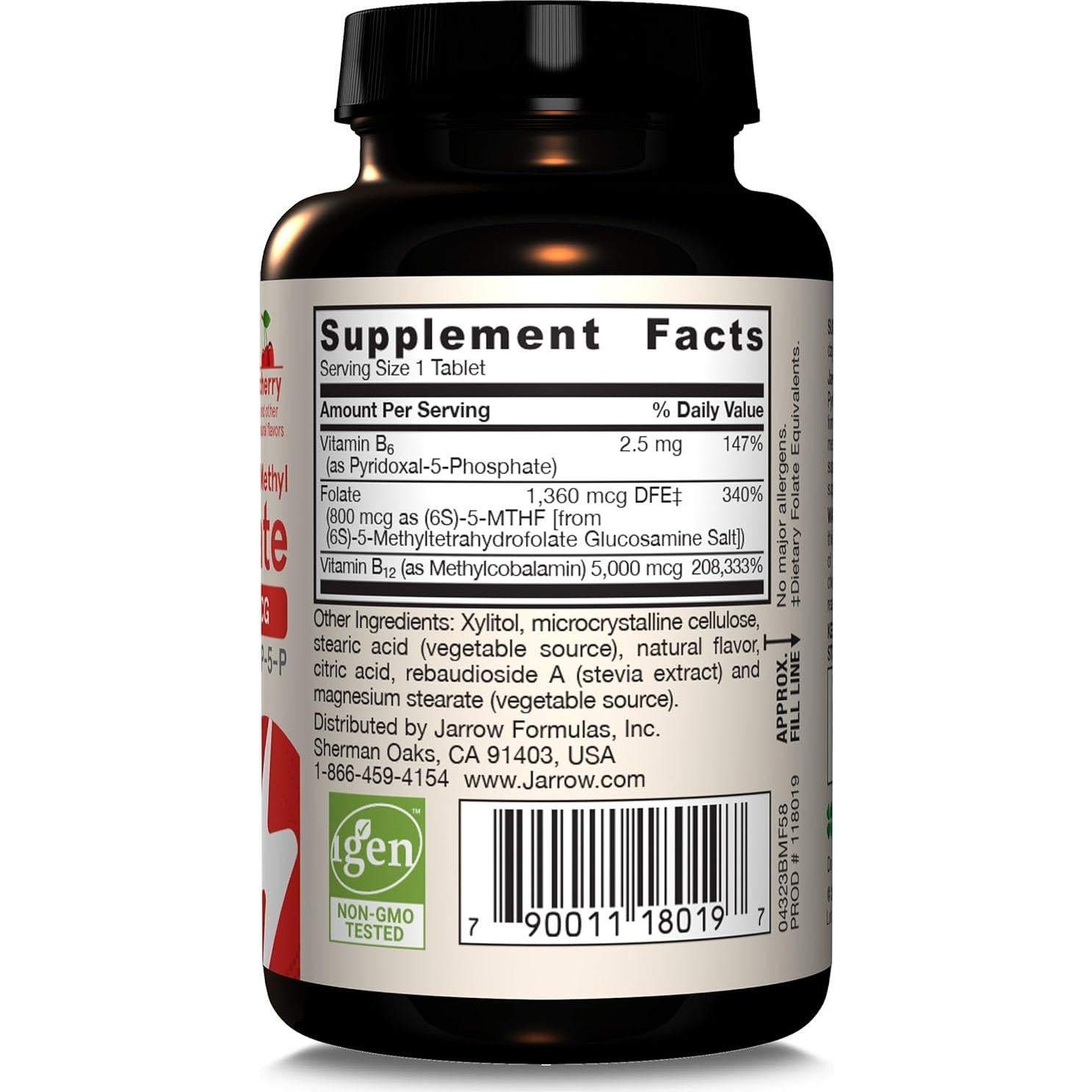 Suplemento Jarrow Formulas Methyl B-12 5000 mcg y Folato 800 mcg
