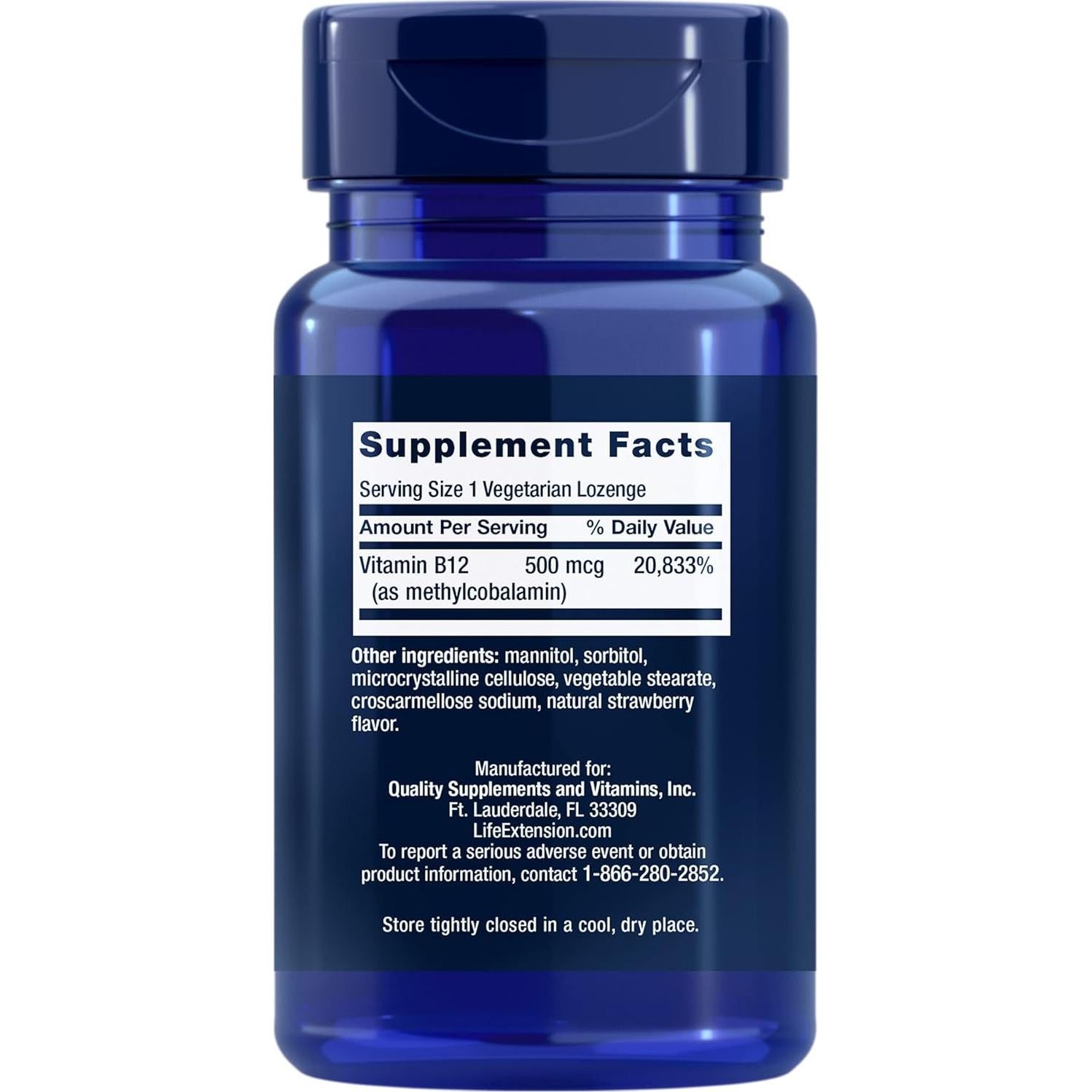 Suplemento de Vitamina B12 Methylcobalamin 500mcg Life Extension - 100 Pastillas Vegetarianas Sin Azúcar