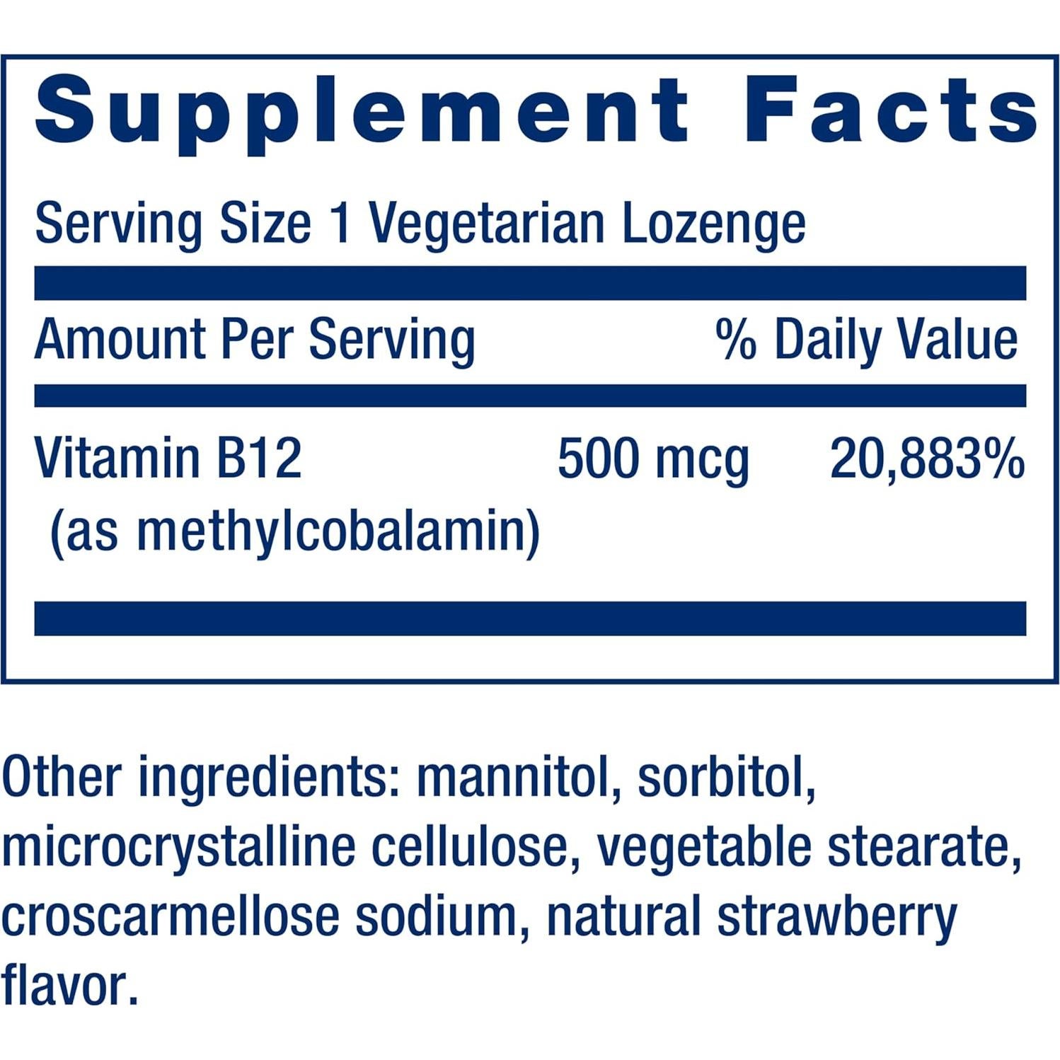 Suplemento de Vitamina B12 Methylcobalamin 500mcg Life Extension - 100 Pastillas Vegetarianas Sin Azúcar