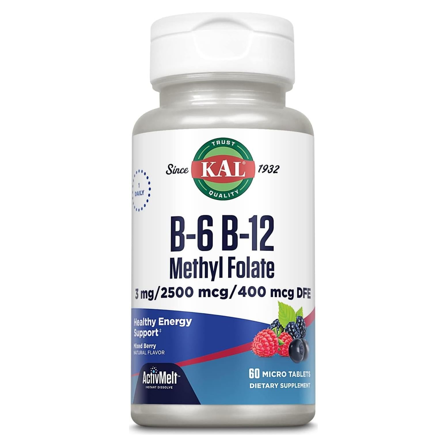 Suplemento KAL Vitamina B6 B12 Folato Metílico 60 Micro Tabletas