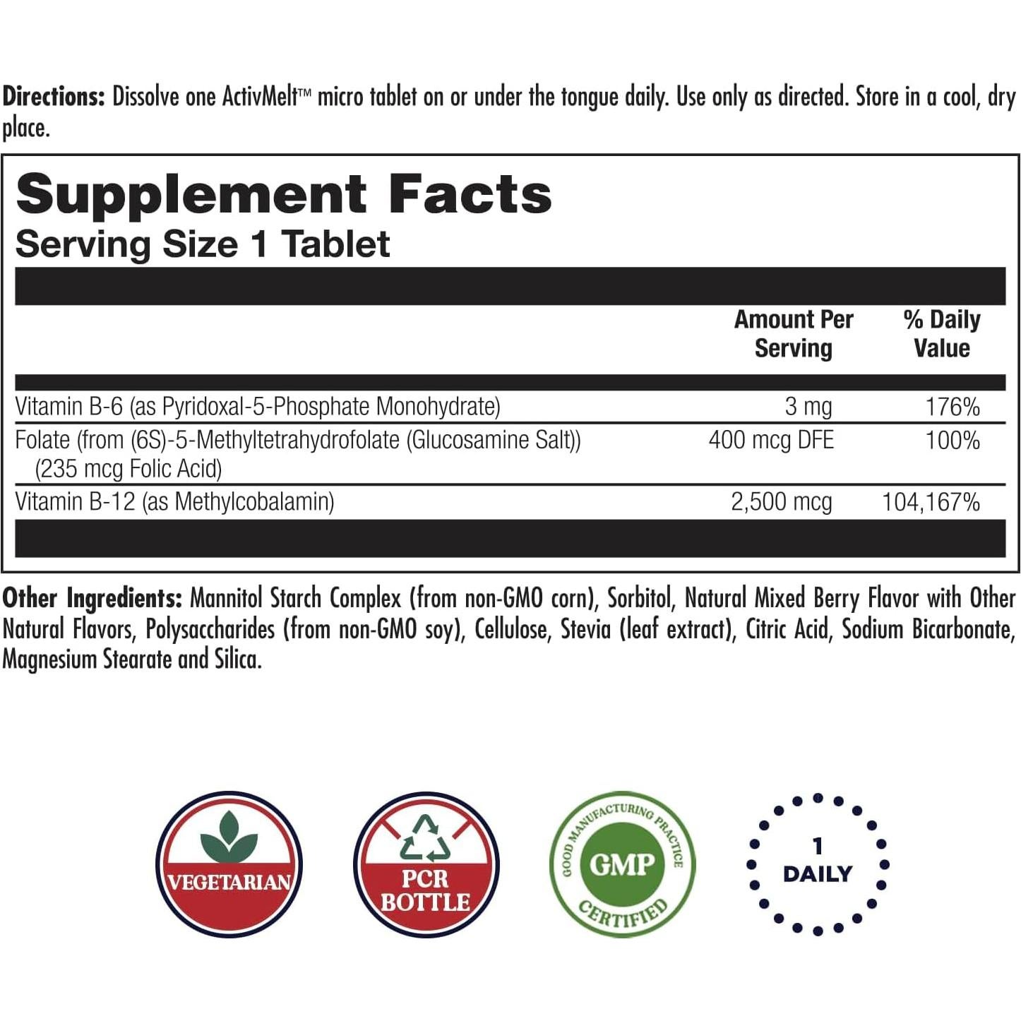Suplemento KAL Vitamina B6 B12 Folato Metílico 60 Micro Tabletas