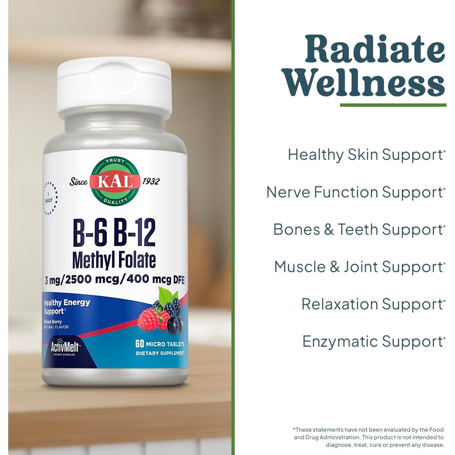 Suplemento KAL Vitamina B6 B12 Folato Metílico 60 Micro Tabletas