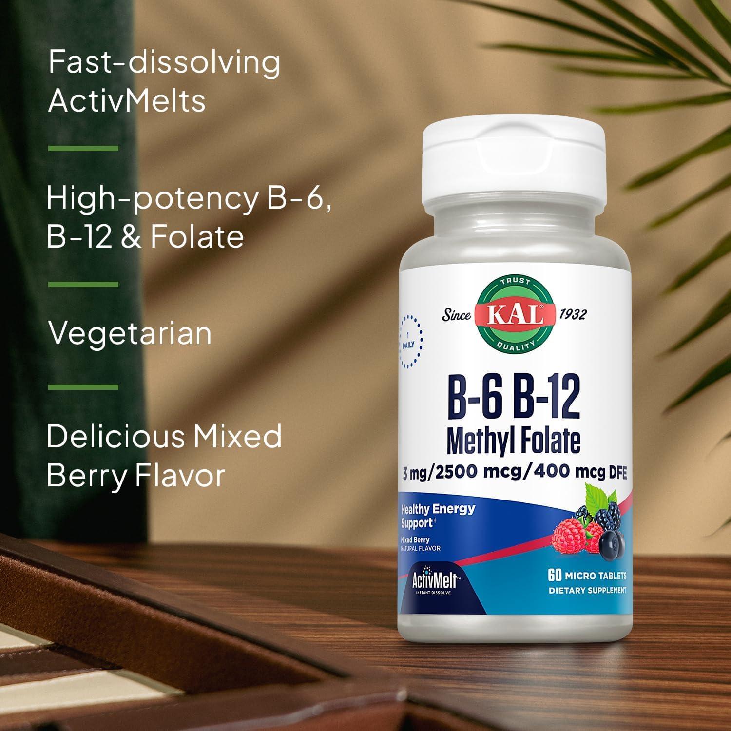Suplemento KAL Vitamina B6 B12 Folato Metílico 60 Micro Tabletas