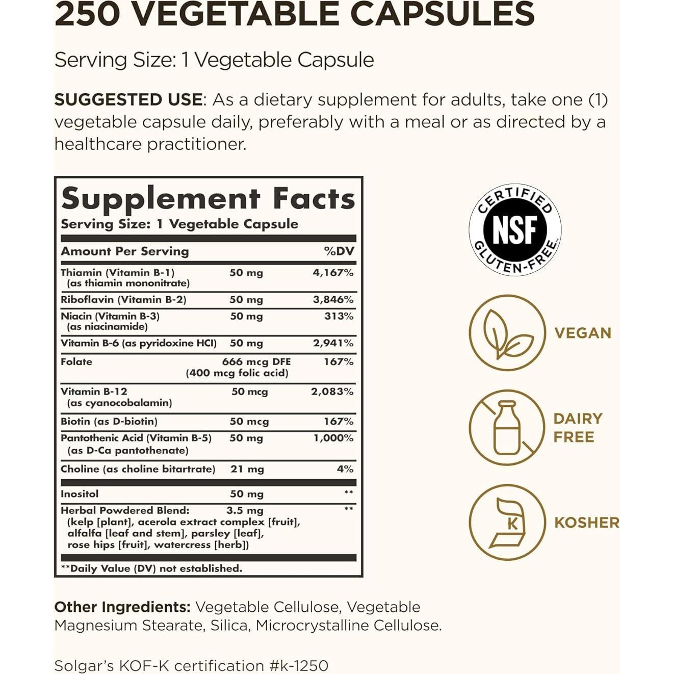 Solgar B-Complejo 50, 250 Cápsulas Vegetales - Energía y Salud