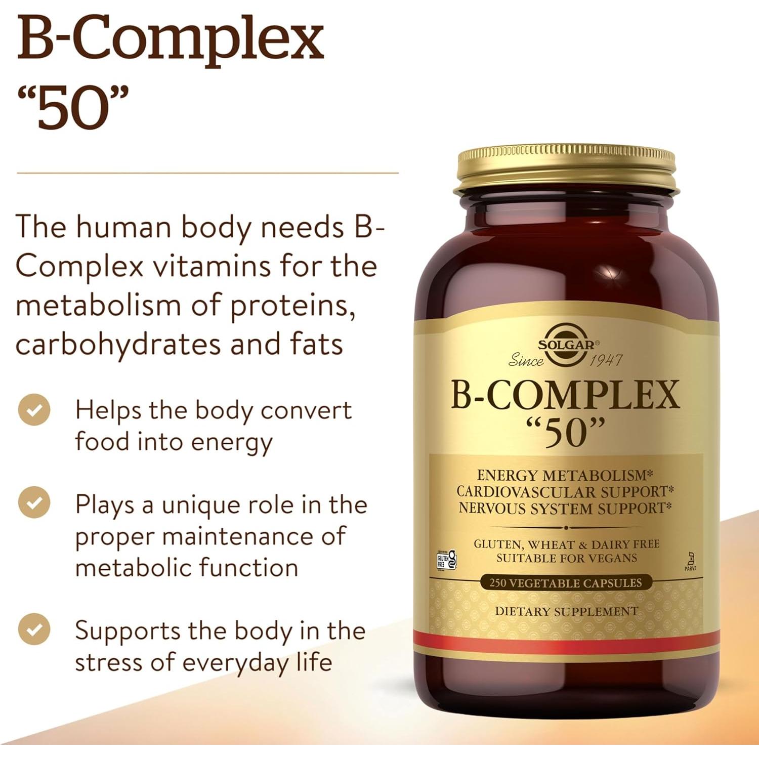 Solgar B-Complejo 50, 250 Cápsulas Vegetales - Energía y Salud