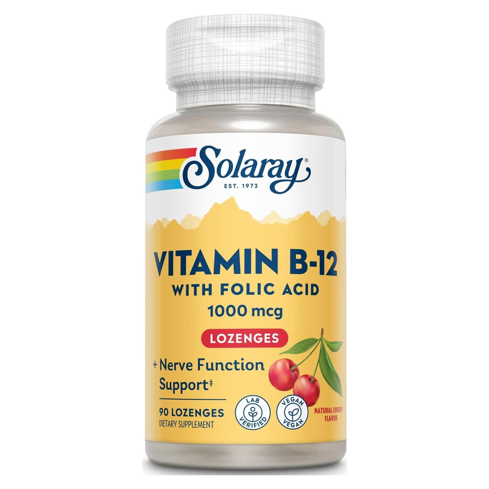 Vitamina B-12 1000mcg Solaray con Ácido Fólico 90 Pastillas