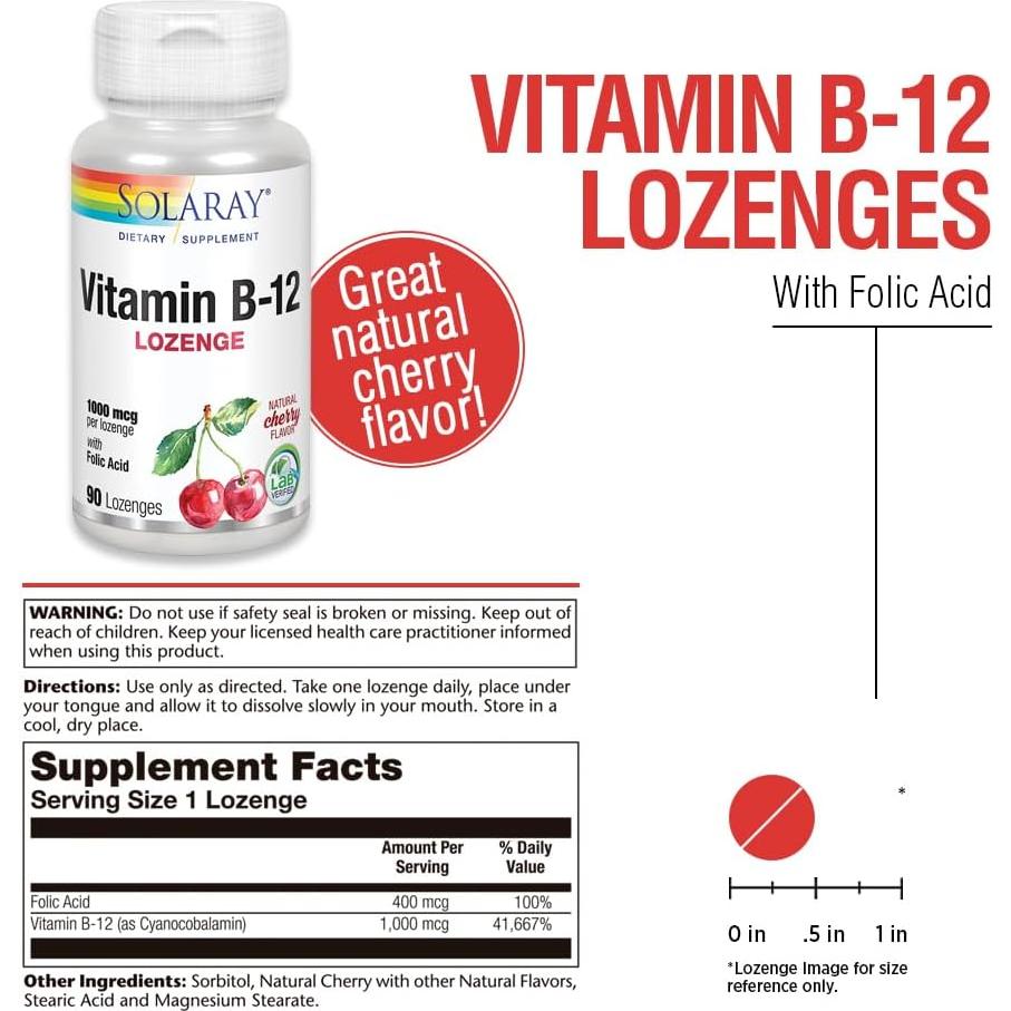 Vitamina B-12 1000mcg Solaray con Ácido Fólico 90 Pastillas