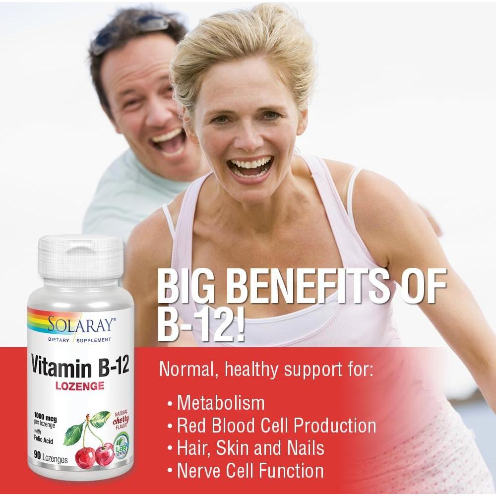 Vitamina B-12 1000mcg Solaray con Ácido Fólico 90 Pastillas
